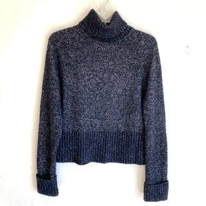 JONES NEW YORK Blue/Wht Marled Merino Wool Blend Raglan Sleeve Crop Turtleneck M